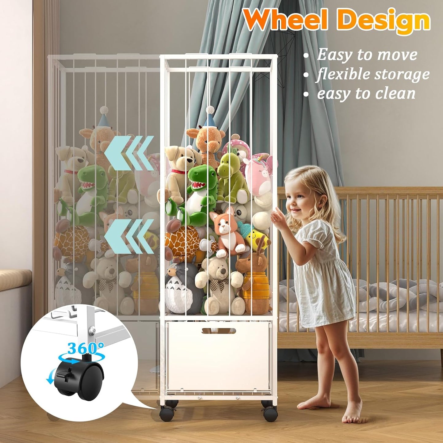 Bukfen Metal Stuffed Animal Storage Zoo Extra Large Stuffed Animal Holder Space Save Toy Organizer PVC with Basket and Wheels for Nursery Playroom Bedroom,D15.75 x W12.68 x H51.18 inch,White