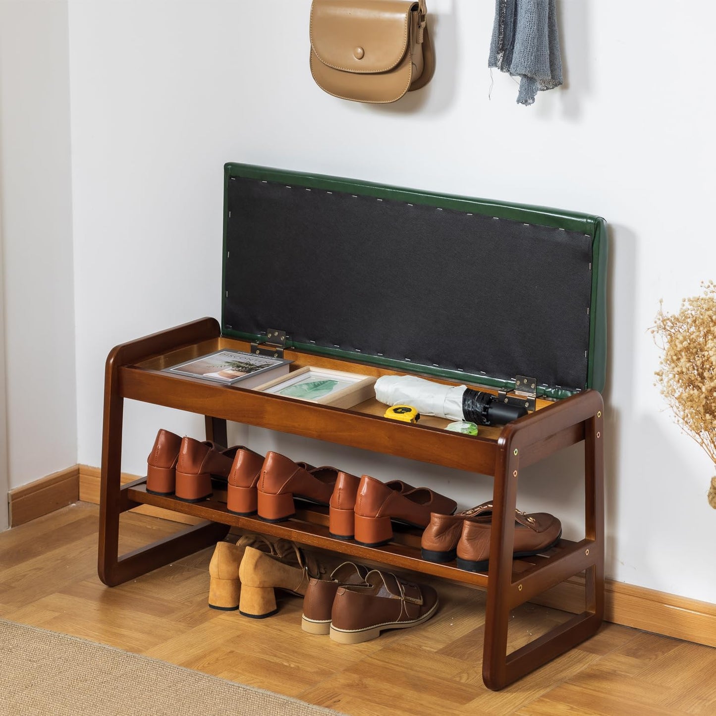 latifolia Solid Wood Bench, Entryway Shoe Bench with Cushion, Flip-Open Storage Compartment, 2-Tier Shoe Organizer(Green,31.50''L)
