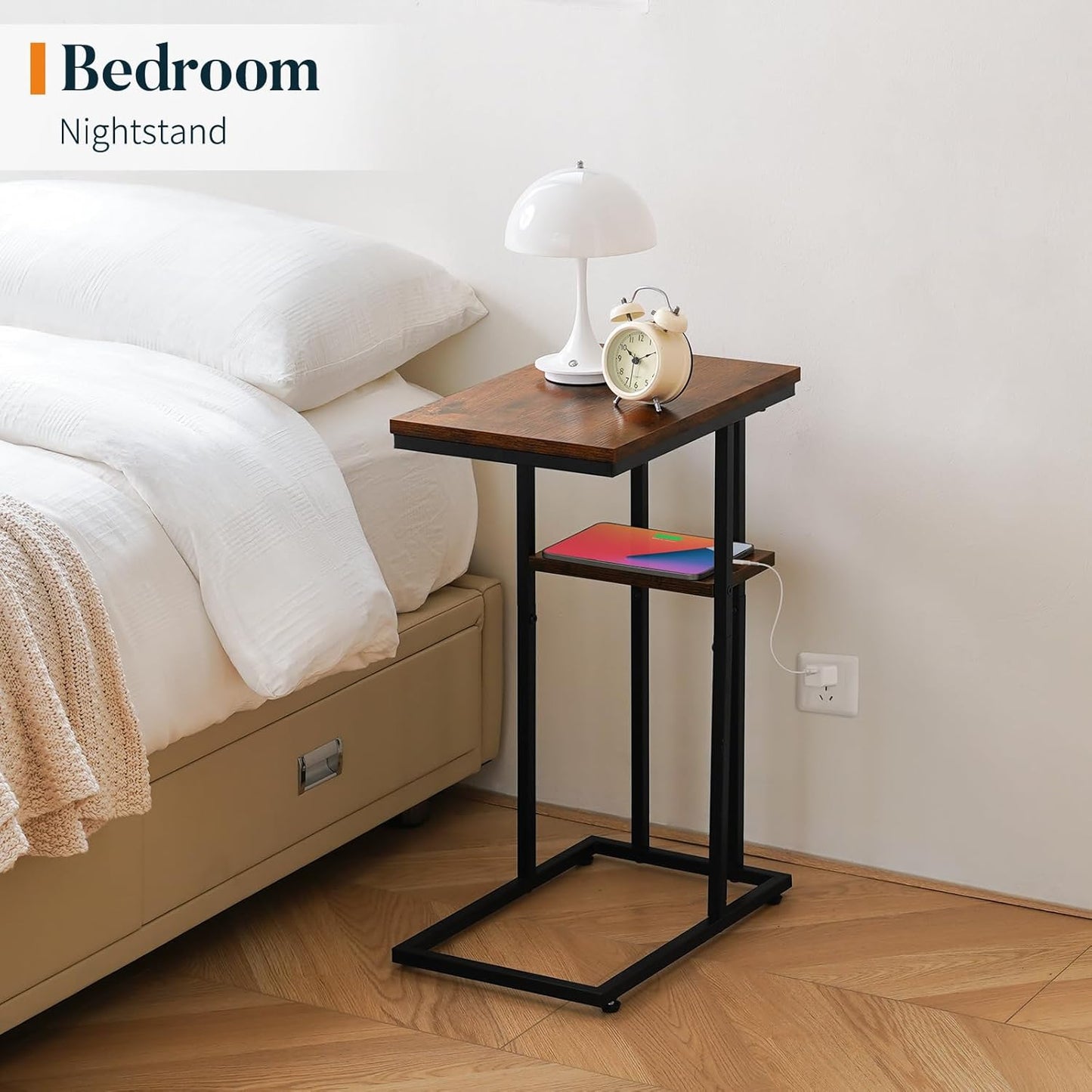 Yoobure C Shaped End Table, Side Table for Couch and Bed, Small Side Tables for Small Spaces, Living Room, Bedroom, Rustic Snack Tables