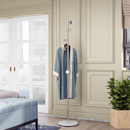 Silver Coat Racks, Metal Coat Rack Freestanding with Hooks, Entryway Coat Rack Stand, Coat Racks with Marble Base, Coat Tree for Hanging Clothes, Hats, Bags