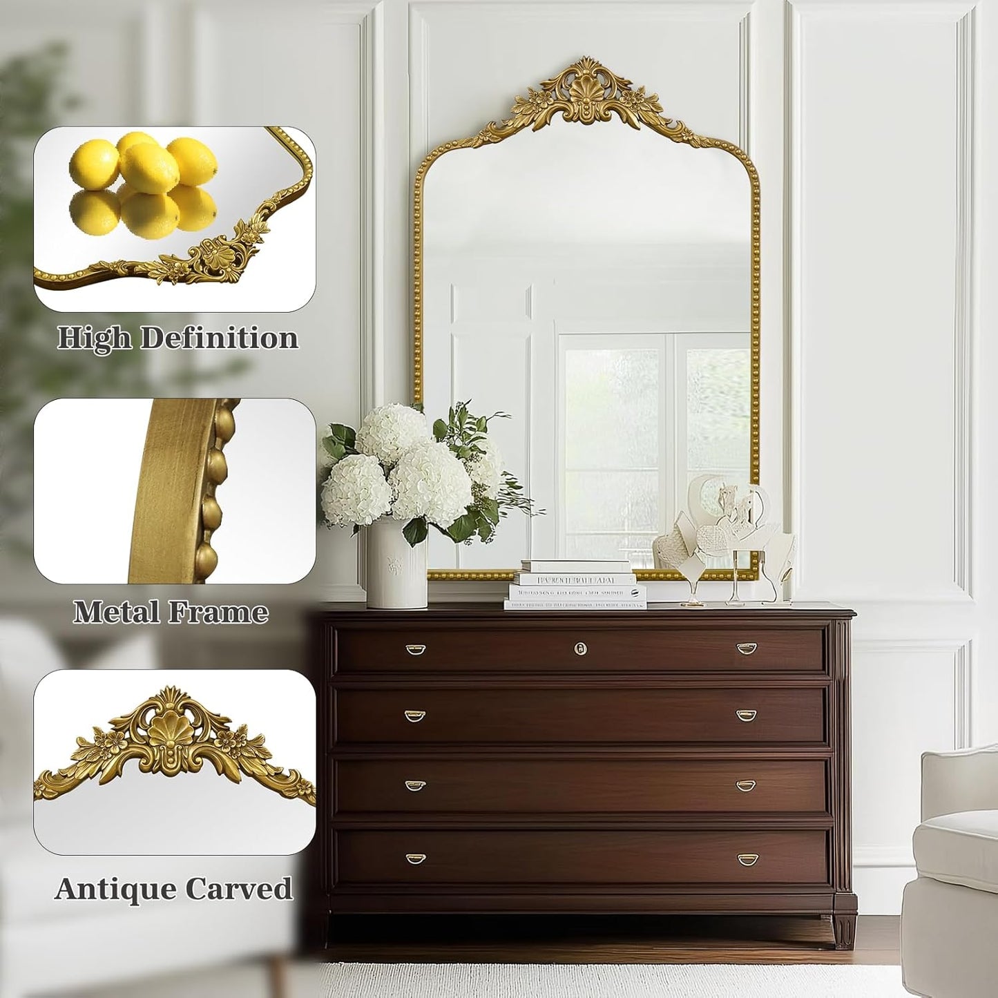 G-LEAF Vintage Baroque Full Length Floor Mirror 30"X48", Victorian Antique Mirror with Black Brush Gold Ornate Metal Frame for Fireplace Entryway Living Room Hallway Bathroom