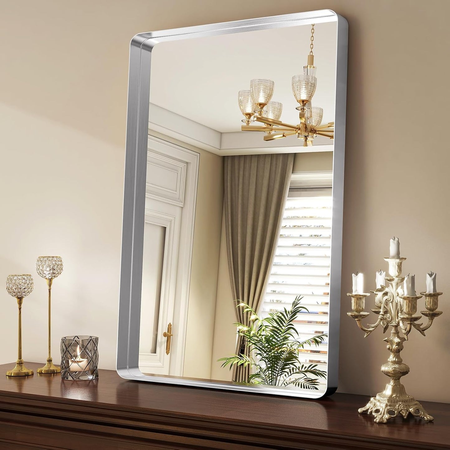 Silver Bathroom Mirror for Wall, 36x24 Inch Rectangular Aluminum Alloy Framed Mirror, Modern Wall Mounted Vanity Mirror for Bathroom, Vertical or Horizontal