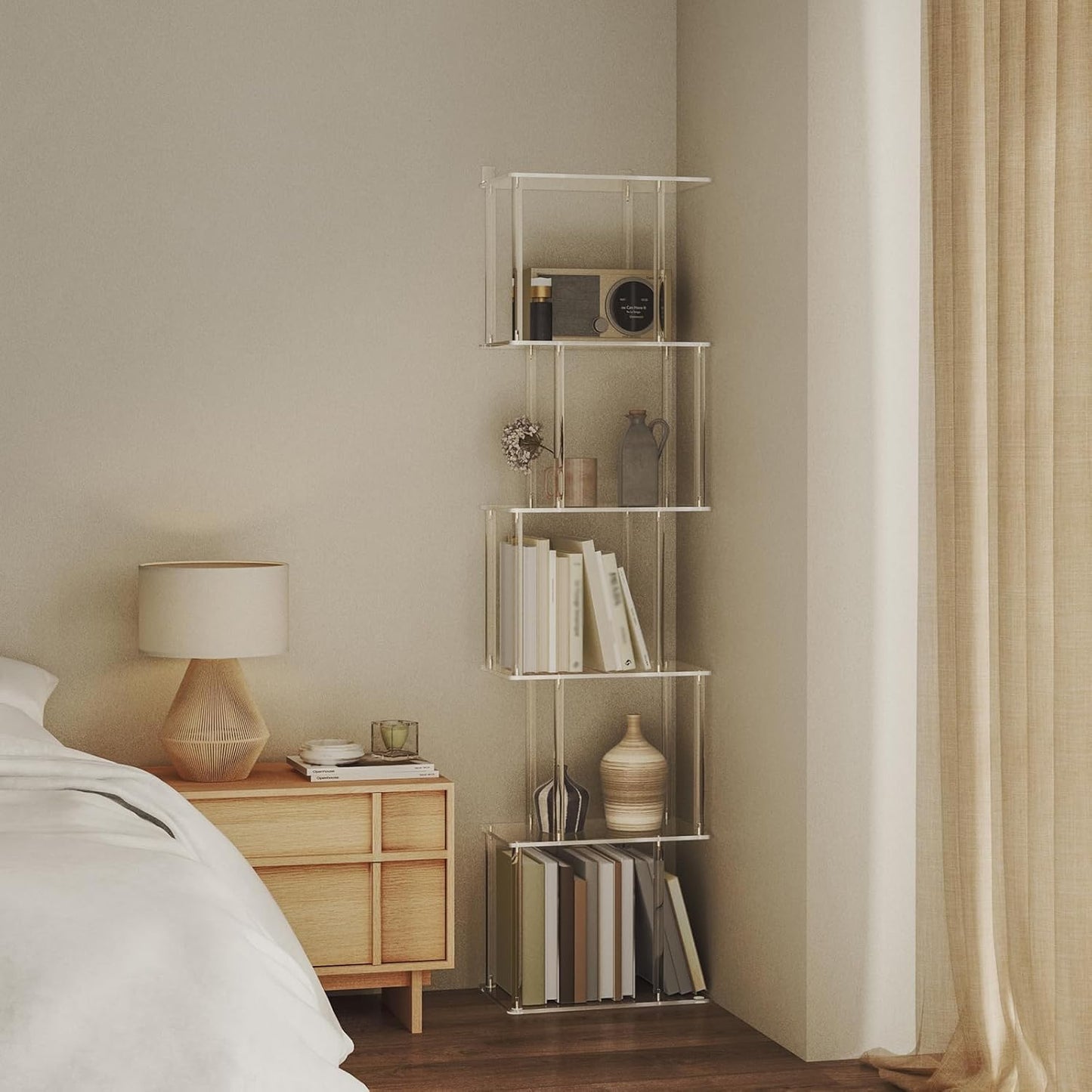 Acrylic Geometric Bookshelf for Small Spaces, 6-Tier Tall Clear S Shaped Bookcase, Modern Open Book Shelf for Living Room, Bedroom, Office, 9.3" D x 15.6" W x 61" H, Easy Assembly