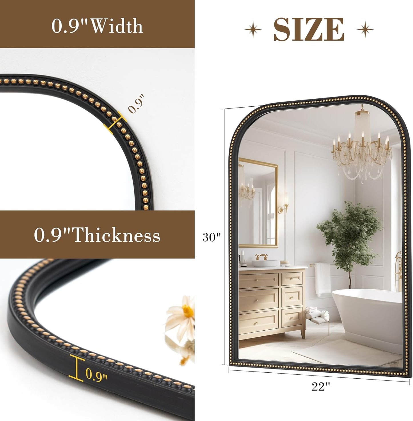 Axeman 22x30 Rounded Rectangular Wall Mirror, Decorative Bathroom Mirror, Traditional Vintage Wall Mounted Mirror with Beaded Frame for Accent Living Room Vanity Bedroom Entryway, Black