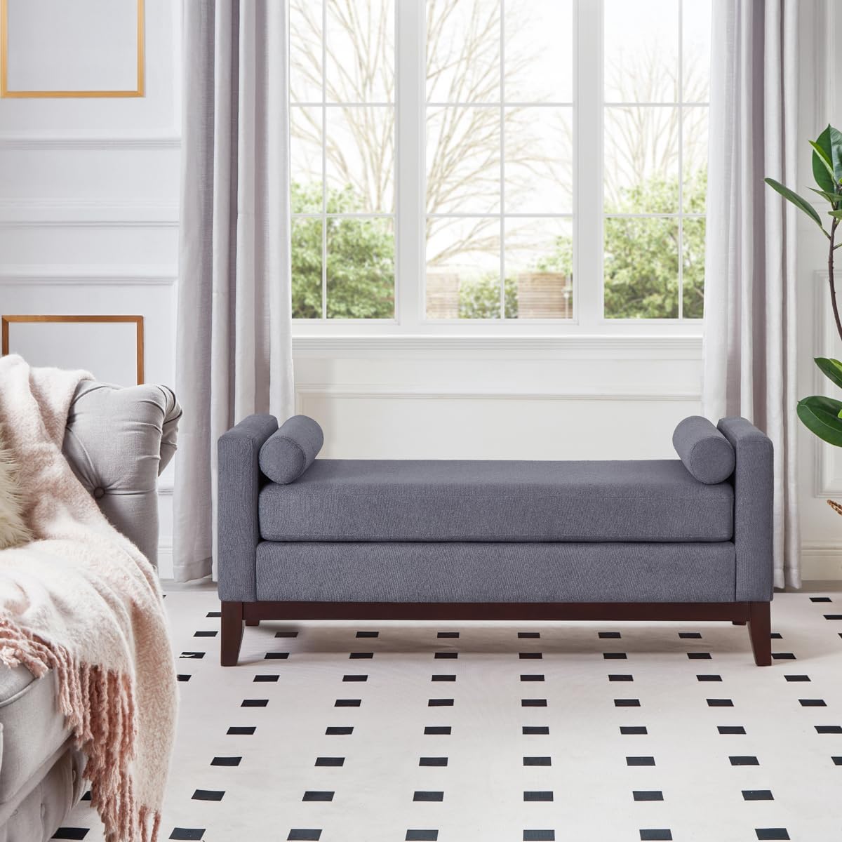 24KF Large Upholstered Boucle Fabric Ottoman with Pillows,Comfort Padded Window Bench for Living Room,Entryway Bench,5095-Dark Gray