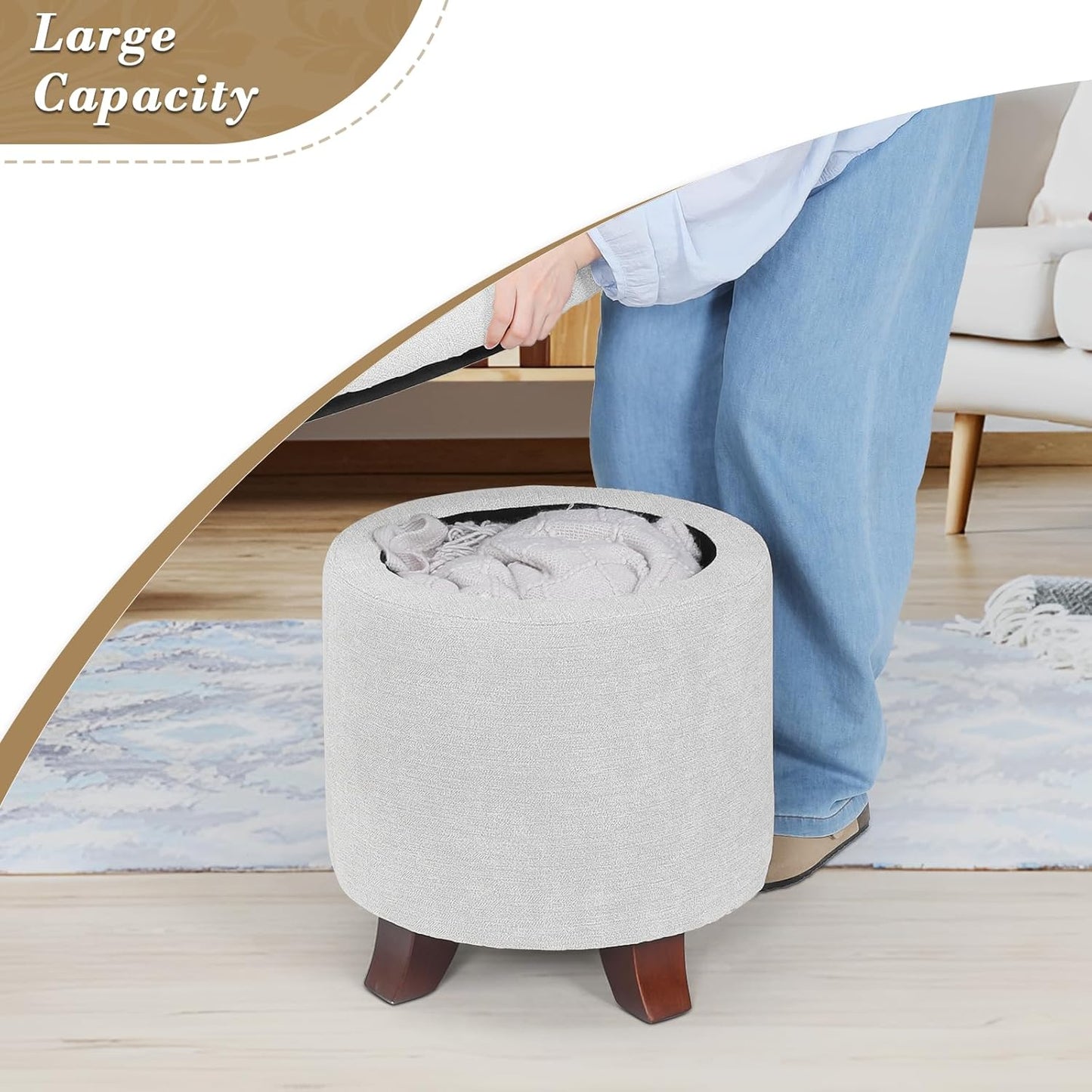 Athena Collection 15 Inch Small Ottoman with Storage, Round Linen Fabric Storage Ottoman Foot Rest with Removable Lid, Multipurpose Footstool Footrest for Living Room, Bedroom, Dorm, Grey