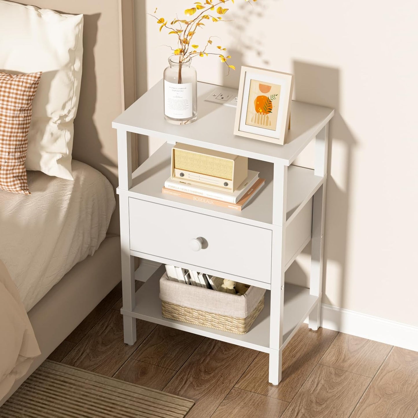 Lerliuo Nightstand with Charging Station and USB Ports, 3-Tier Storage End Table with Drawer Shelf, Night Stand for Small Spaces, Wood Bedside Table for Living Room, Bedroom - Elegant White