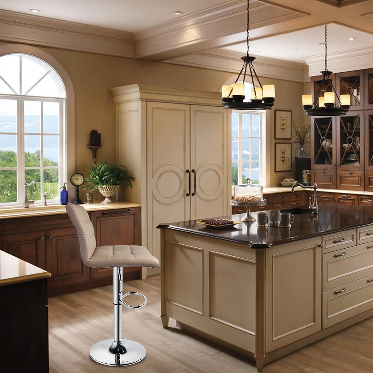 Leopard Modern Square PU Leather Adjustable Bar Stools with Back, Square Back Bar Stools Set of 2, Counter Height Swivel Stool (Khaki)