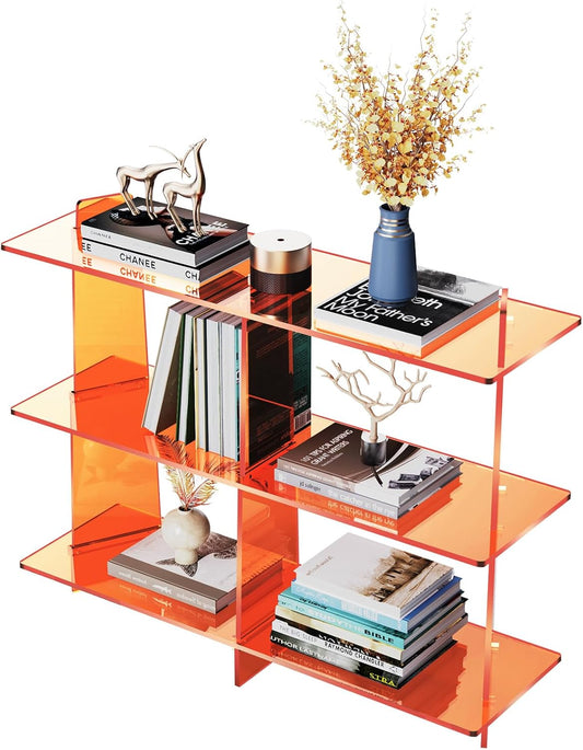Acrylic Bookshelf, Small 3 Tier Open Bookcase for Small Spaces,Sofa Table, Hallway Entry Table for Home Living Room (Orange, 39.4'' x 11.8'' x 31.5'')
