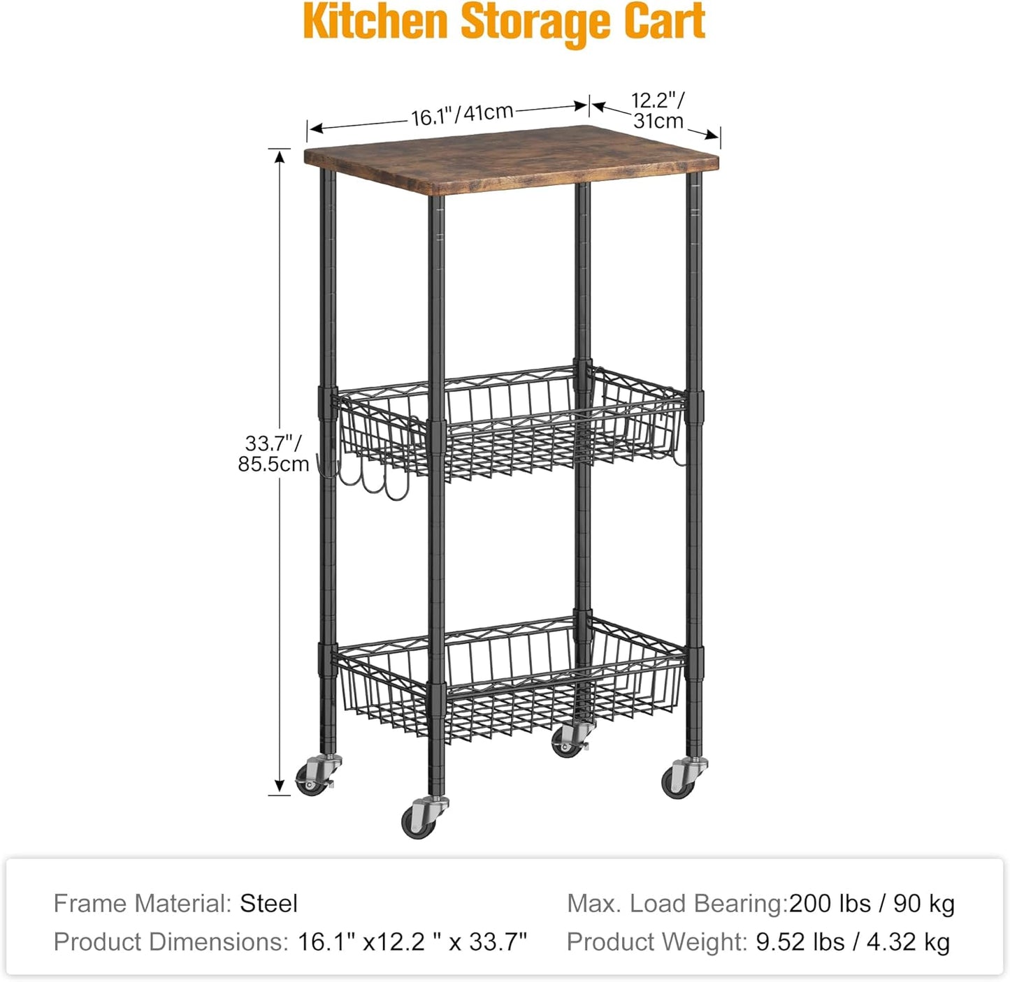 Rolling Kitchen Storage Cart, 3-Tier Storage Rack on Caster Wheels with Adjustable 2 Baskets, Coffee Station Cart Rack Shelf Organizer for Living Room Office, Balcony, Rustic Brown/Black