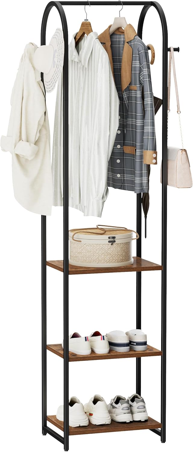 Garment Rack, Coat Rack With 3 Shelves and 4 Hooks, 71" H Clothes Stand For Hanging Clothes, Hanging Rod For for Bedroom, Hallway, Entryway, Office, Living Room, Rustic Brown and Black