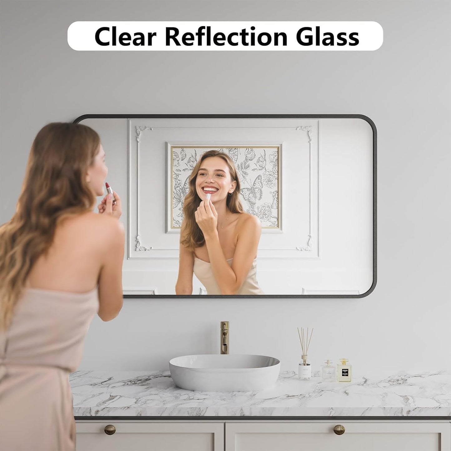 Bathroom Mirror, 30X50 Inch Black Metal Framed Mirror for Bathroom, Tempered Glass, Anti-Rust, Rounded Rectangle Mirror for Restroom, Bedroom, Black