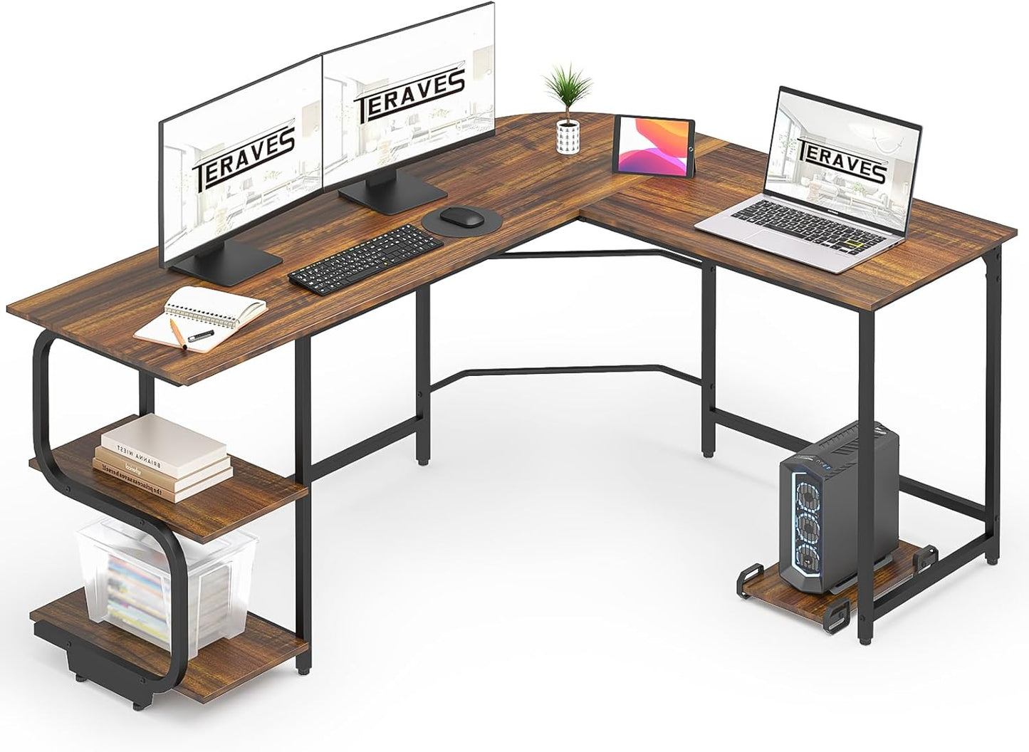 Teraves Reversible L Shaped Desk with Large Surface, 69 Inch Sturdy Corner Desk with Storage Shelves, Premium Office Computer Desk Workstation for Home Office Gaming