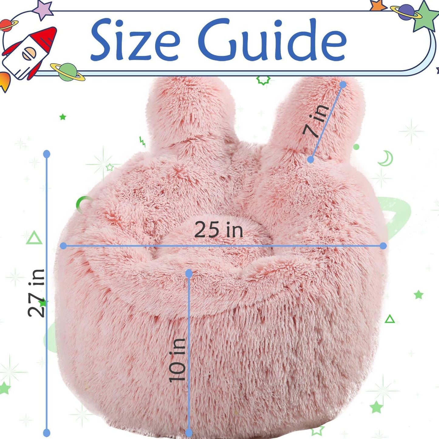 Bean Bag Chair for Kids with Plush Faux Fur Cover, 2.5FT Memory Foam Filled Bean Bag for Teens & Kids, Lazy Sofa for Living Room/Bedroom/Dorm, Rabbit-Ears Design