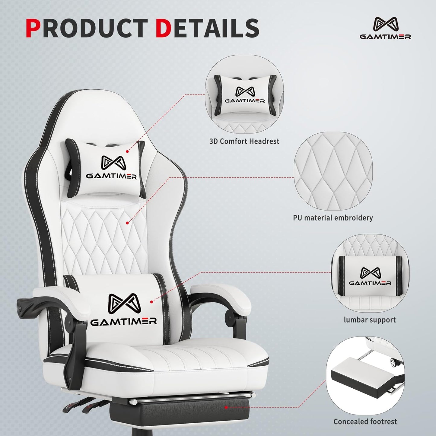 Gaming Chair, 400 lbs Adult Chair, High Back Computer Chair with Footrest and Linked Armrests, Office Video Game Chair with Lumbar Support (White+Black)