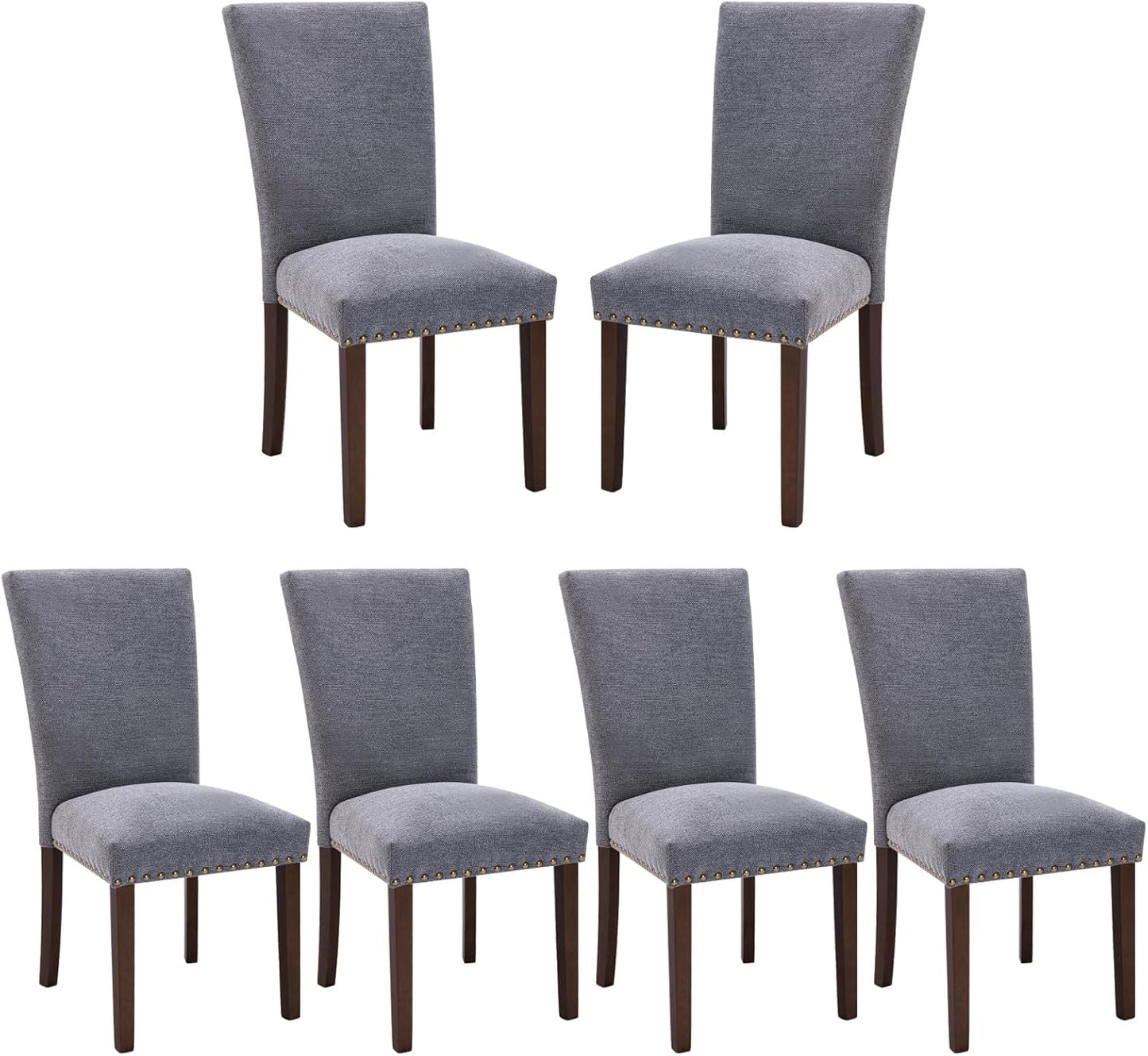 COLAMY Upholstered Parsons Dining Chairs Set of 6, Fabric Dining Room Kitchen Side Chair with Nailhead Trim and Wood Legs - Dark Grey