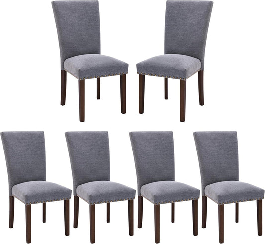 COLAMY Upholstered Parsons Dining Chairs Set of 6, Fabric Dining Room Kitchen Side Chair with Nailhead Trim and Wood Legs - Dark Grey