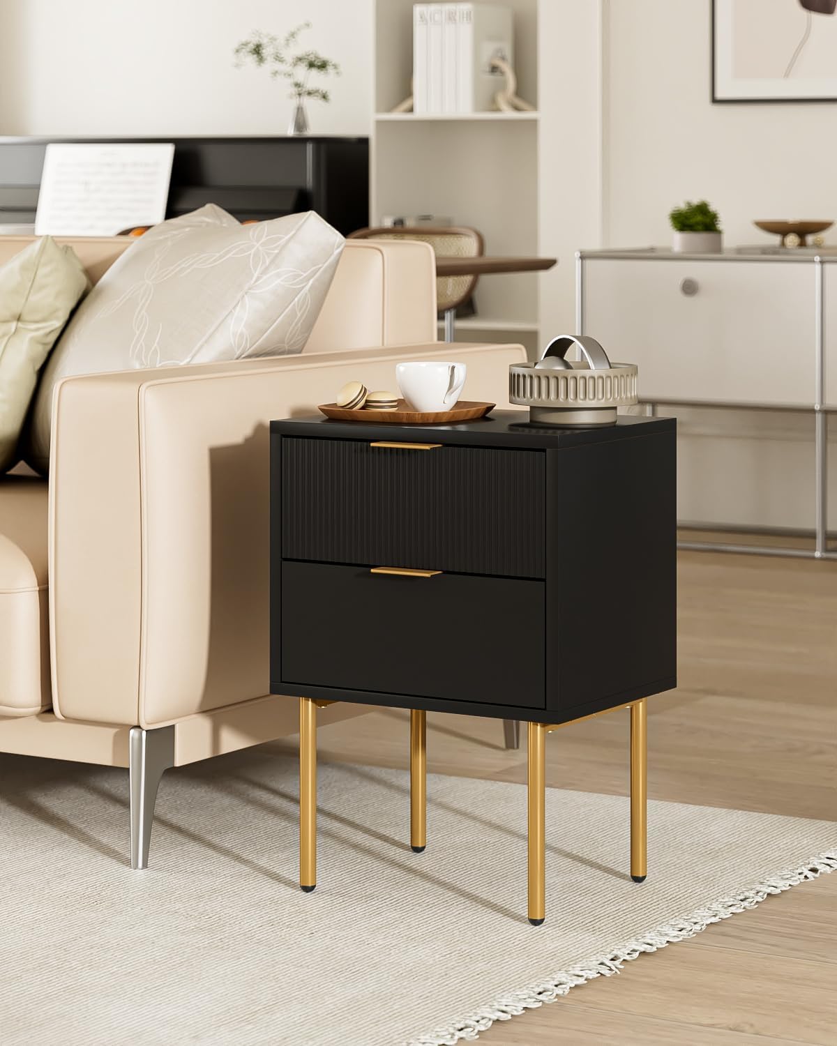 Nightstand,Small Bedside Table with Gold Frame,Morden Night Stand with 2 Drawer,End Table,Side Table with Drawer and Shelf for Bedroom,Living Room, Black