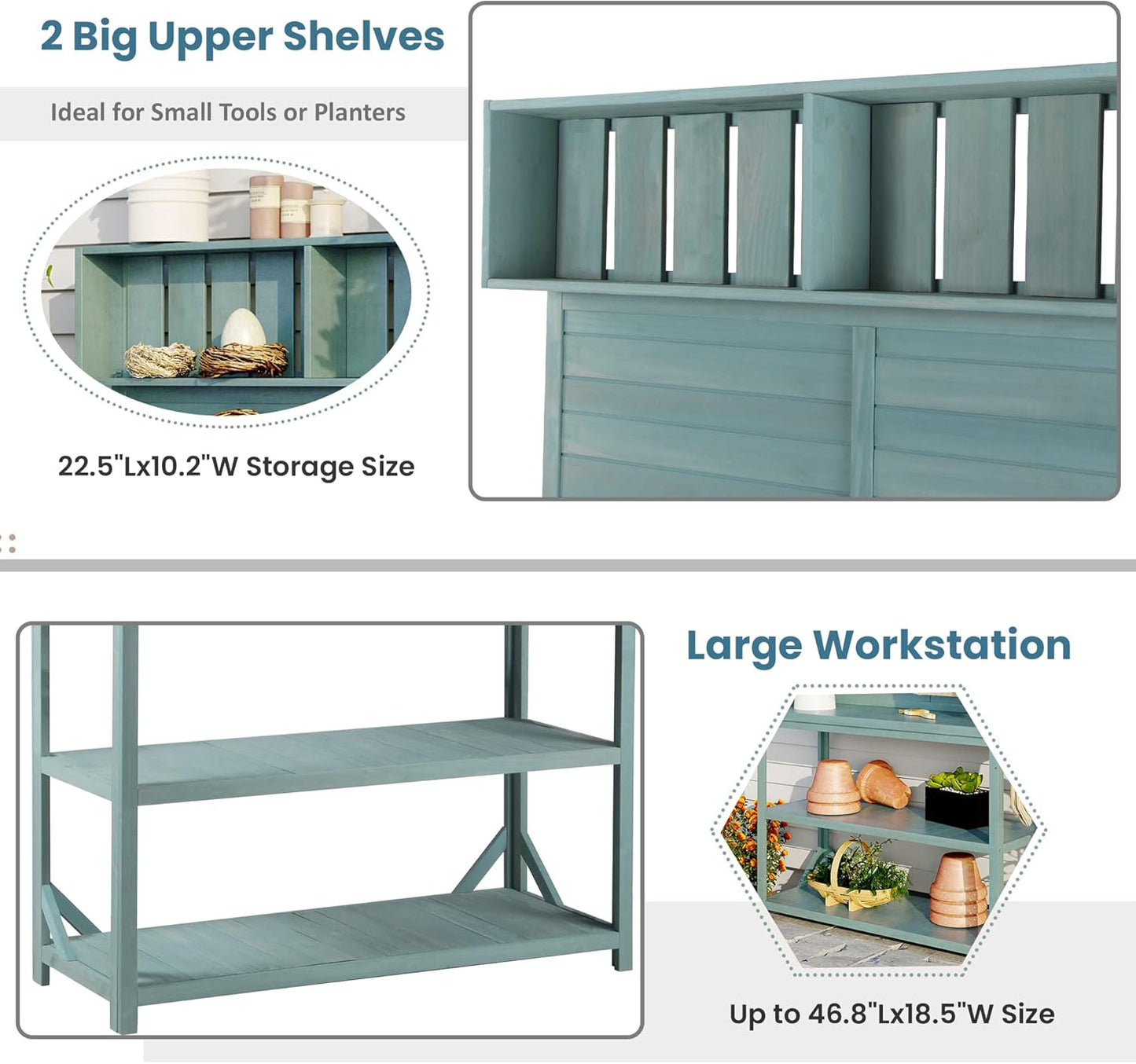 Merax 65" Large Wooden Farmhouse Rustic Outdoor Potting Bench Table with 4 Storage Shelves and Side Hook, Patio Workstation, for Garden, Backyard, Green