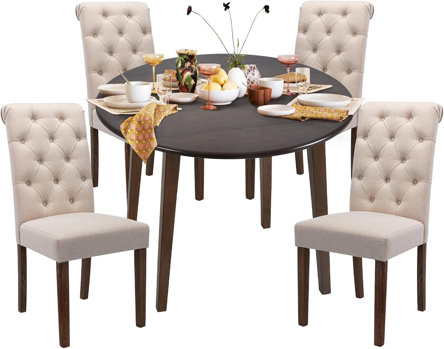 COLAMY 5-Piece Extendable Dining Table Set for 4, 36" Kitchen Round Wood Table with 4 Tufted Dining Room Chairs, Light Brown/Beige