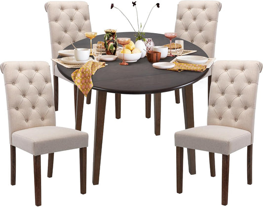 COLAMY 5-Piece Extendable Dining Table Set for 4, 36" Kitchen Round Wood Table with 4 Tufted Dining Room Chairs, Light Brown/Beige