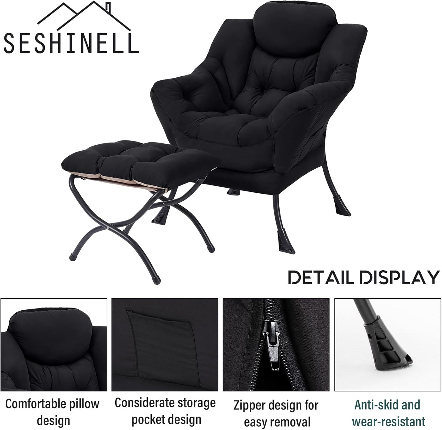 Lazy Chair with Ottoman, Modern Accent Chair Contemporary Lounge Leisure Sofa Chair with Armrests, Reading Chair and Folding Footstool Set for Living Room, Bedroom, Office, Black