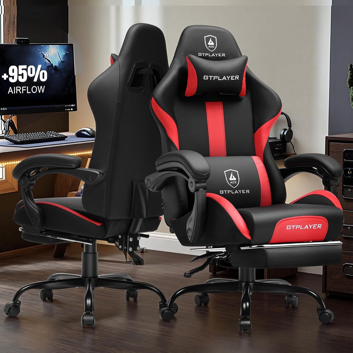 GTRACING Gaming Chair with Foot Rest & Pocket Spring Cushion, Ergonomic High Back Computer Chair with Headrest & 360°-Swivel Seat for Home Office Desk, PU Leather, Red