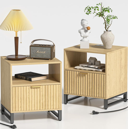 Fluted Night Stand Set 2 with Charging Station, Wood Nightstand with Large Drawer and Open Storage Cabinet, Mid-Century Modern Bedside Table End Table for Bedroom Closet Office