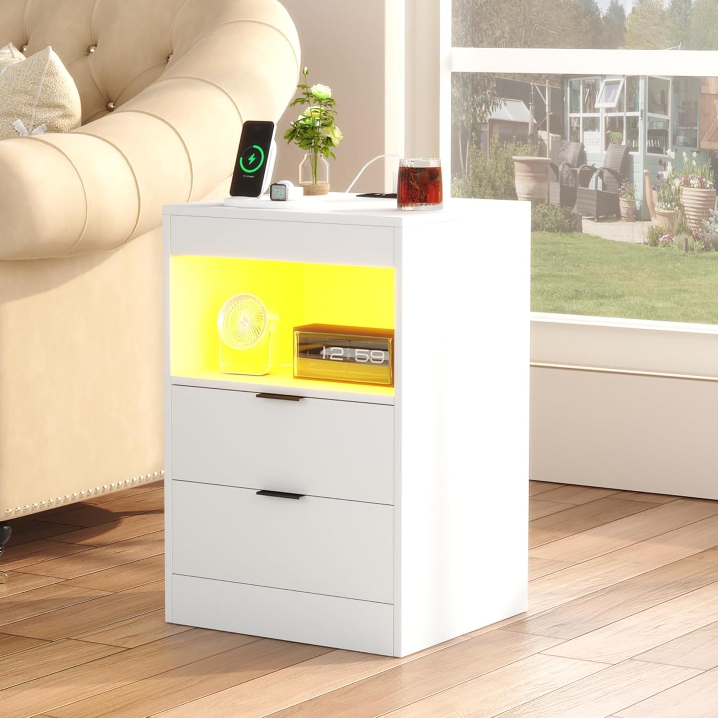 Gadroad LED Nightstand with Charging Station, Bedside Table with 3 Drawers and LED Lights, End Table Sofa Couch Side Table with Pull-Out Shelf, White