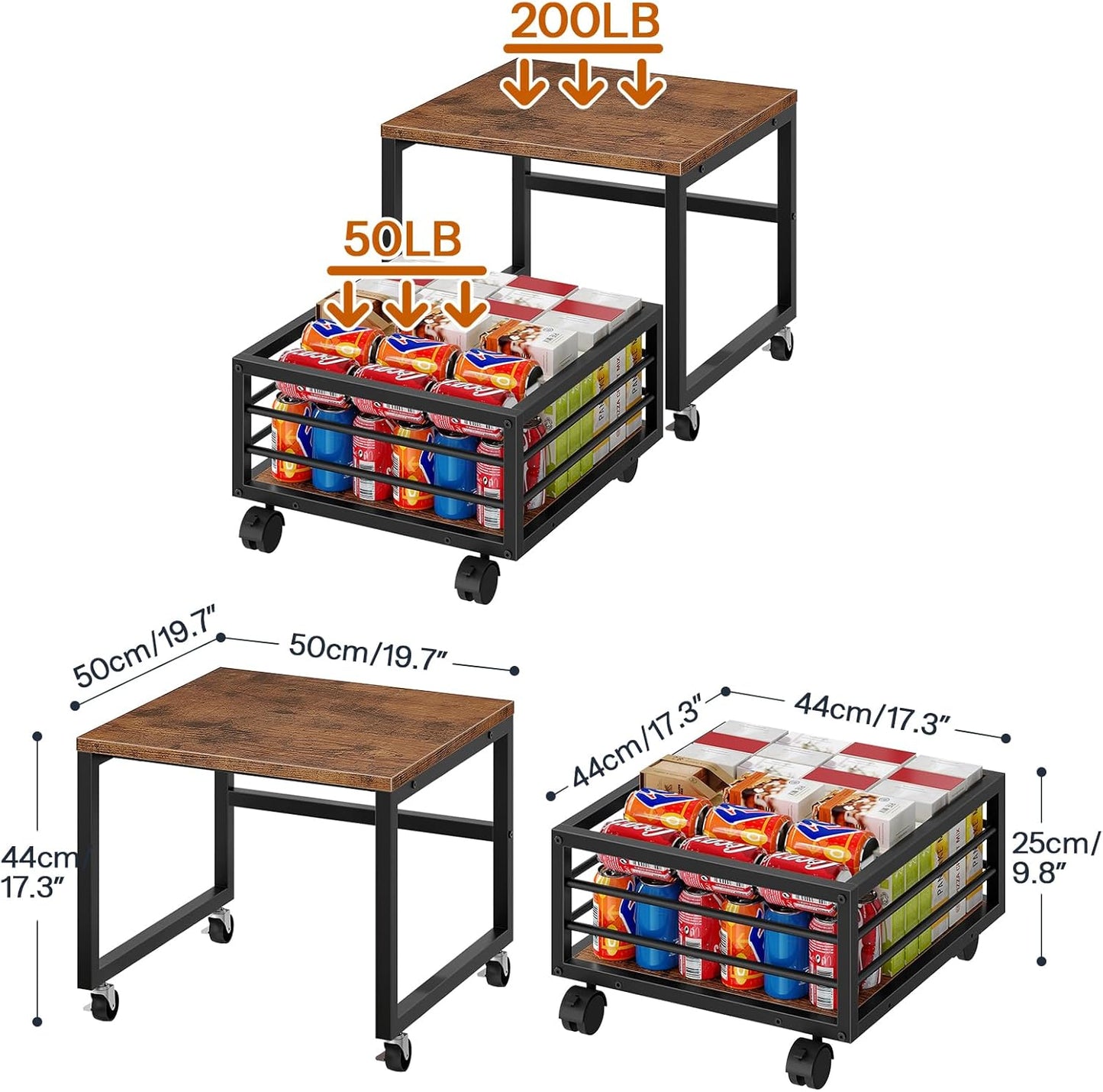 HOOBRO Mini Fridge Stand with Movable Storage Basket, Mini Fridge Cabinet with Wheels and Adjustable Feet, Sturdy Metal Frame, for Home, Apartment,Office, Dorm, Rustic Brown and Black BF155TL01