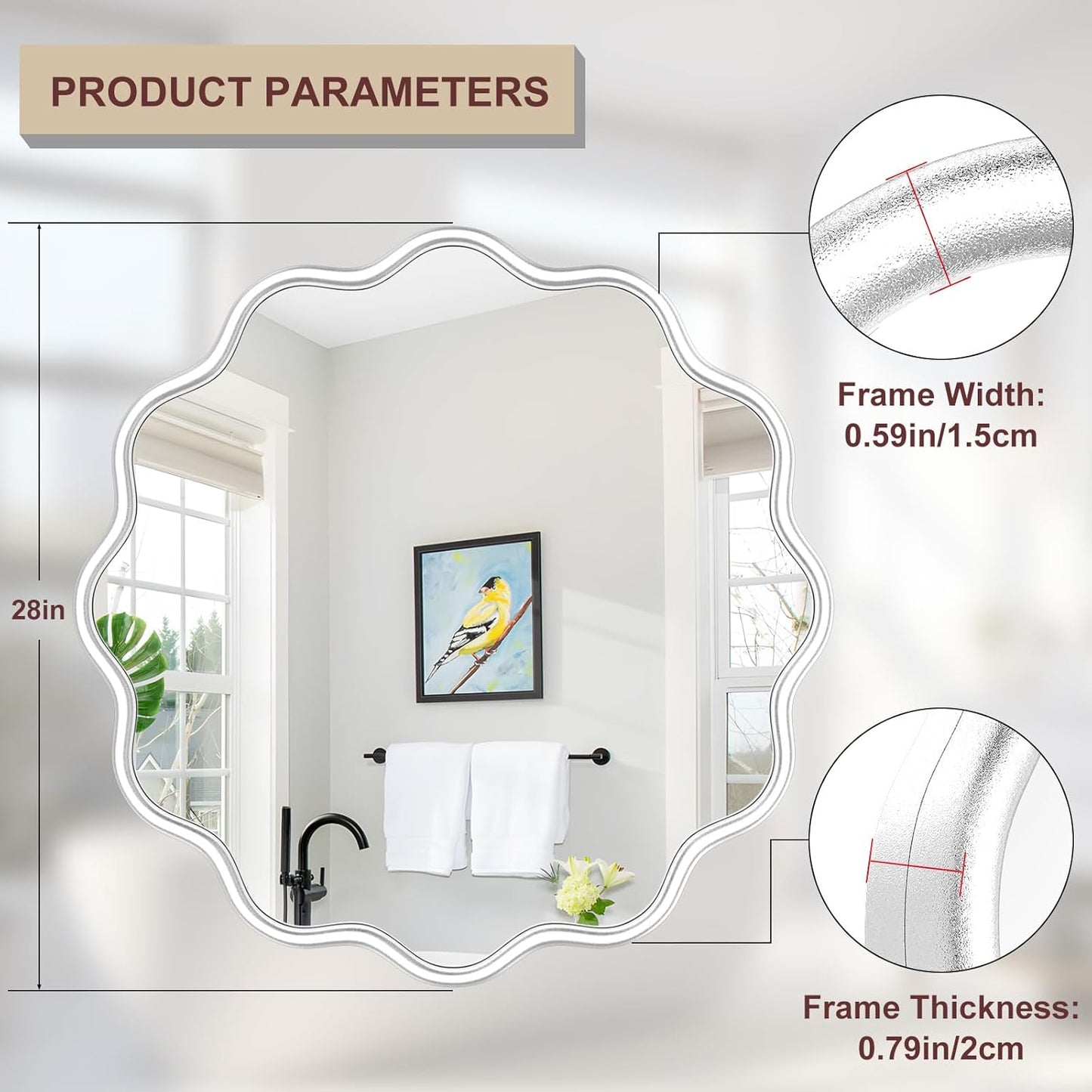 PROHOMEWARE White Round Mirror 28 Inch Wavy Bathroom Vanity Mirror White Frame Modern Wall Mirror Decorative Wall-Mounte Anti-Rust, Tempered Glass