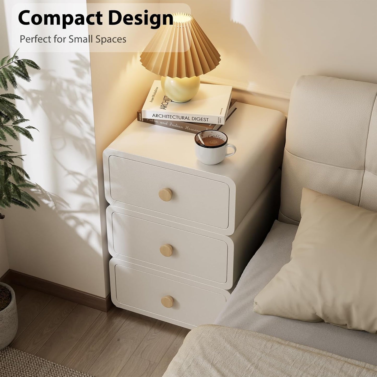 White Night Stand, Narrow Nightstand with Drawers, Modern Nightstand for Bedroom, Dorm and Living Room.