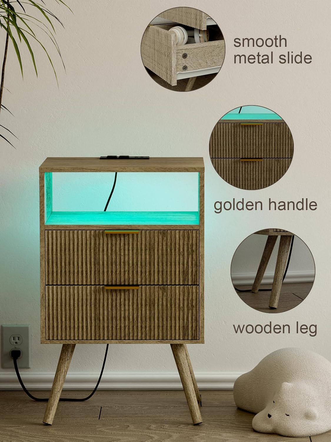 Nightstand, Modern Bedside Table with 2 Storage Drawer and Open Wood Shelf for Bedroom and Small Spaces, Night Stand with Solid Wood Legs (Grey Oak-Outlet)