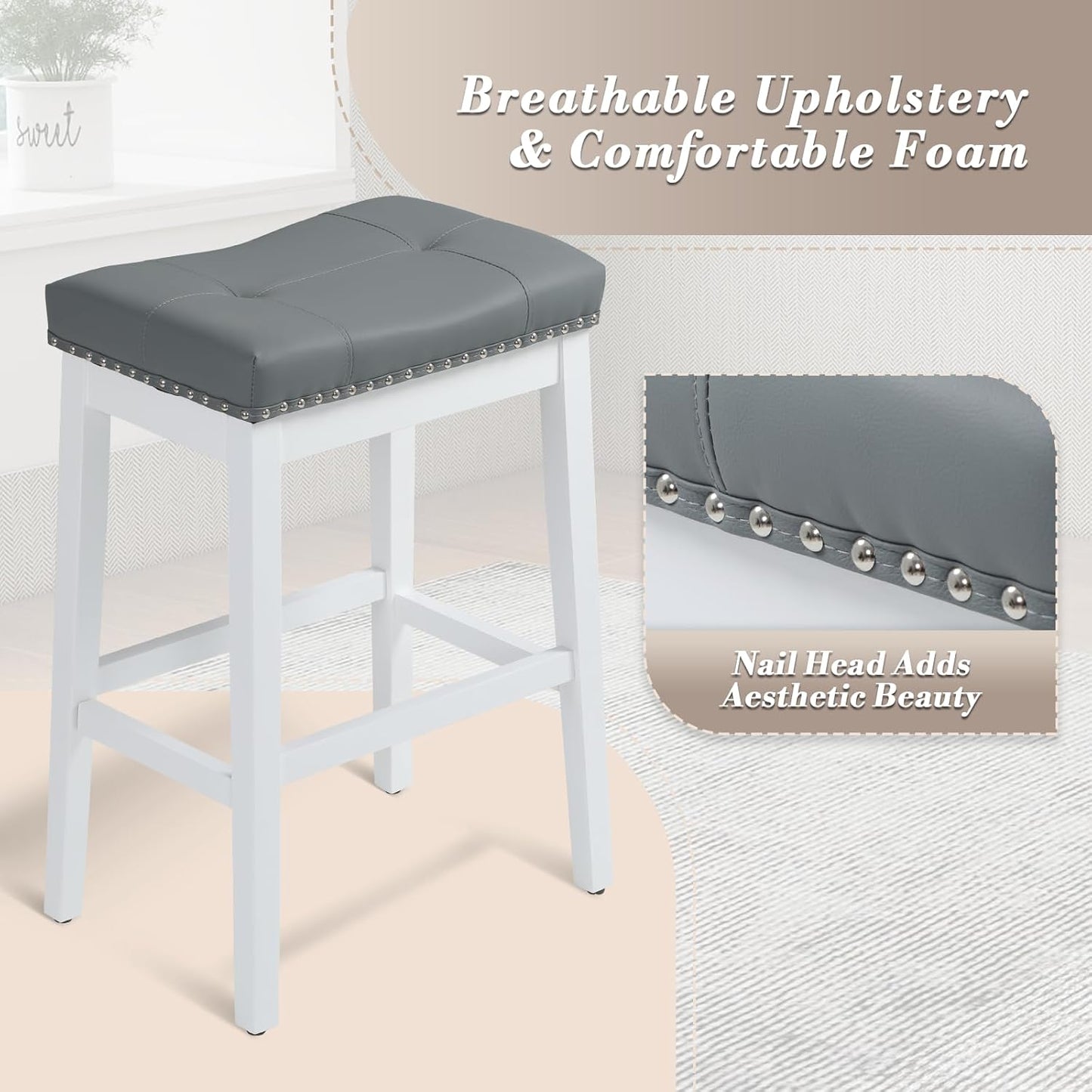 Athena Collection Counter Height Bar Stools Set of 2, 29.5 Inches Backless Saddle Bar Stools with Leather Upholstered and Nailhead Trim, Barstools for Counter, Kitchen Island, Dining Room, Grey