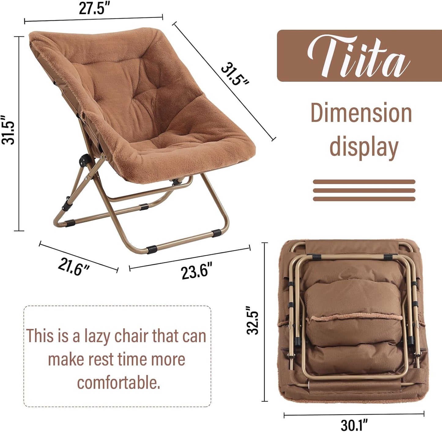 Tiita Comfy Folded Chair, Soft Faux Fur Oversized Folding Accent Chair, Lounge Lazy Chair for Kids Teens Adults, Metal Frame Moon Chair for Bedroom, Living Room, Dorm Rooms