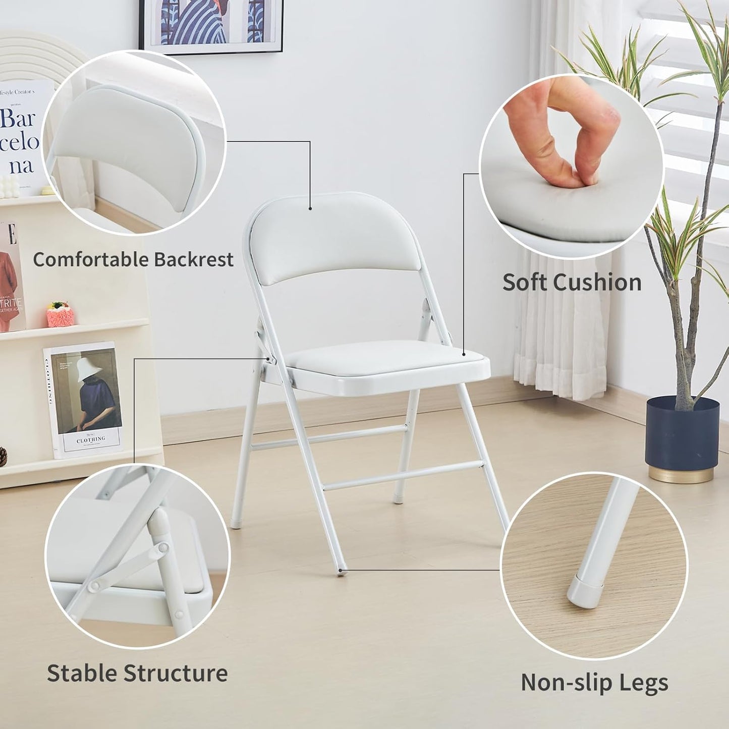 KAIHAOWIN 2-Pack Folding Chair Vinyl Padded and Metal Frame Heavy Duty Foldable Chair with Backrest & Padded Seats for Meetings Office Wedding Events-White