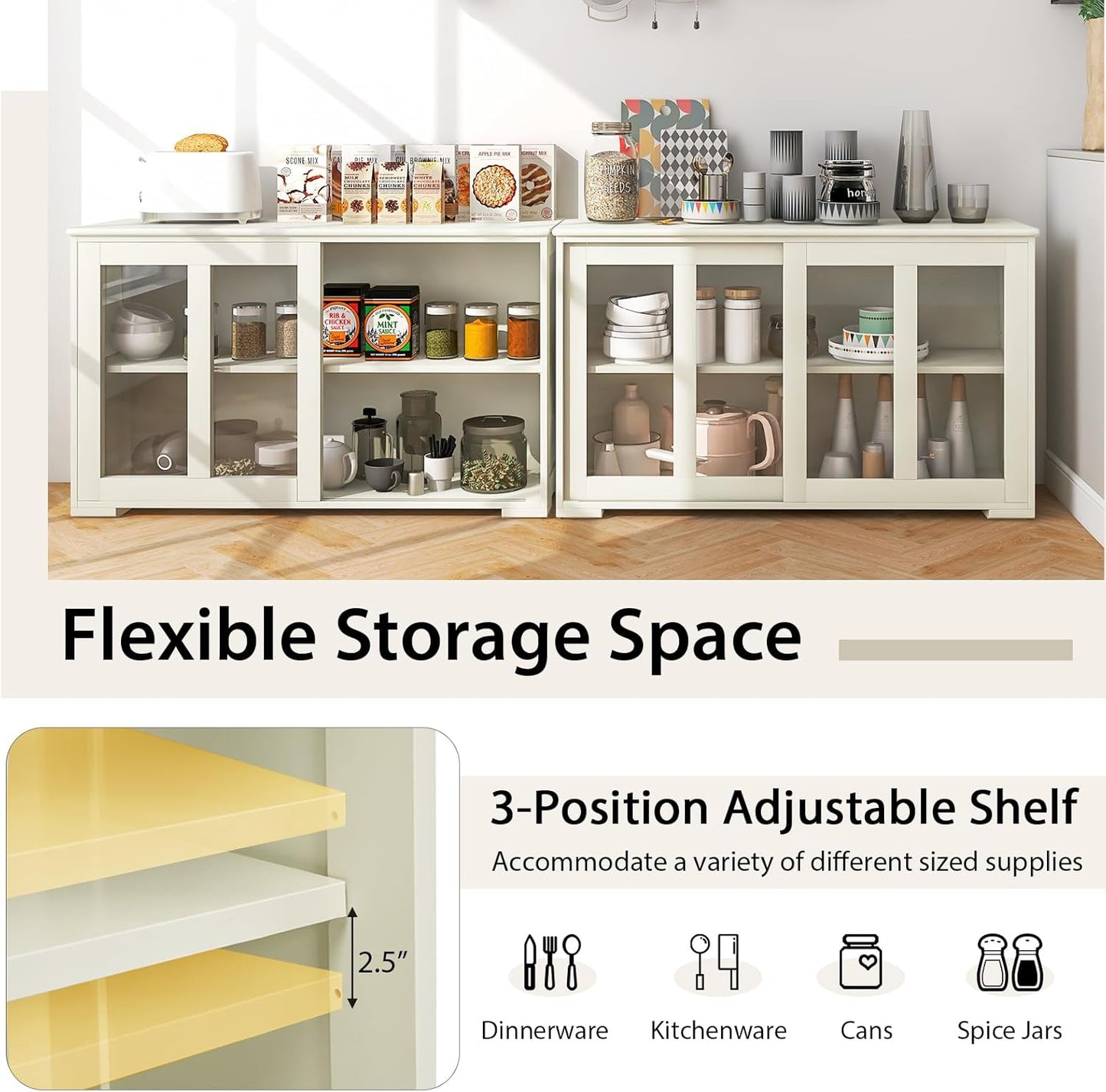 Costzon Sideboard Buffet Cabinet of 2, Wooden Kitchen Storage Cabinet with Adjustable Shelf, Sliding Glass Doors, Accent Coffee Bar Cabinet Console Table for Living Room, Dining Room, Hallway