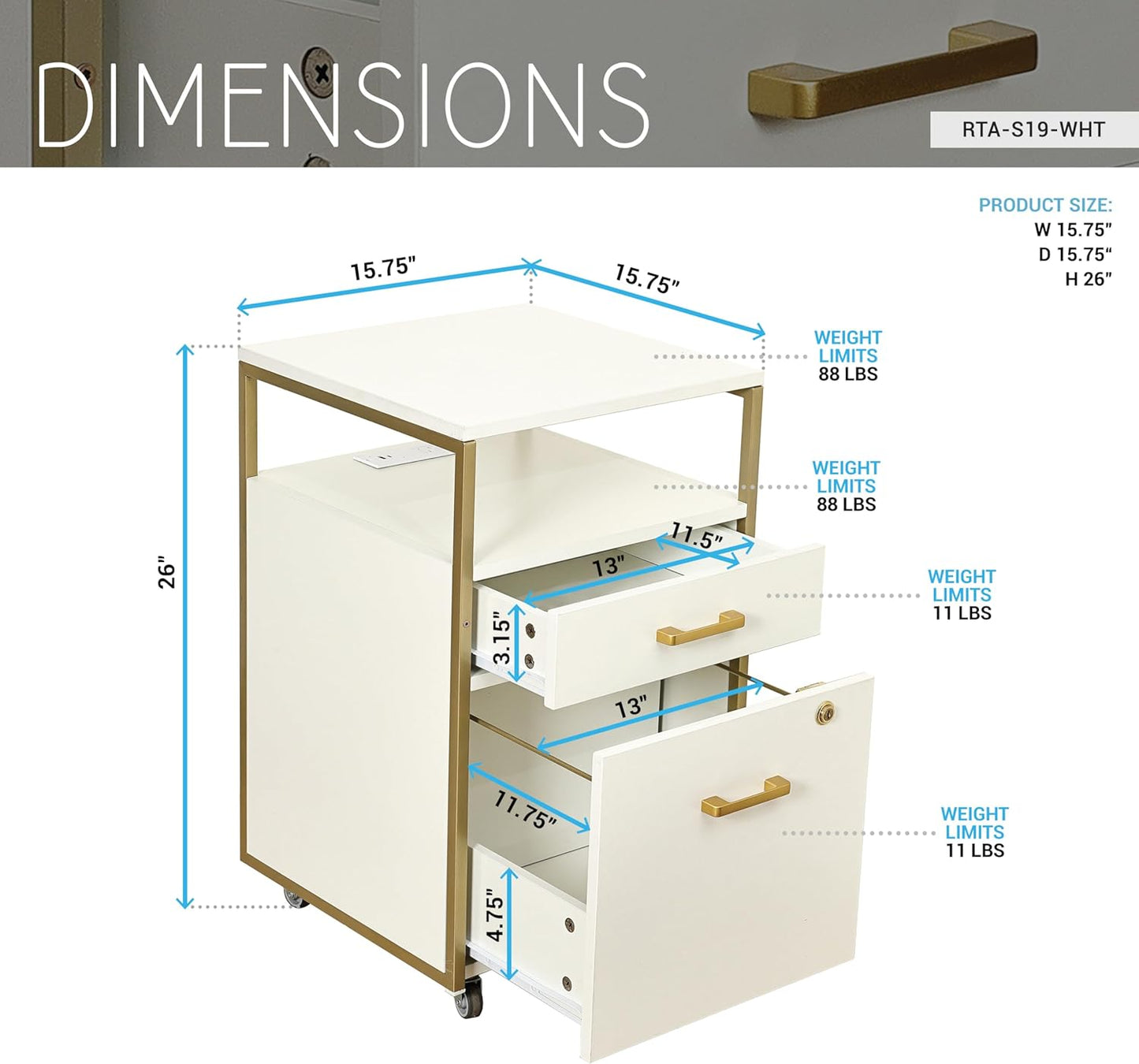 Modern 2-Drawer Rolling File Cabinet with Lock, 2 USB Ports and Power Outlet for Device Charging, Portable File Organizer or Printer Stand for Office or Home with Locking Wheels, White & Gold
