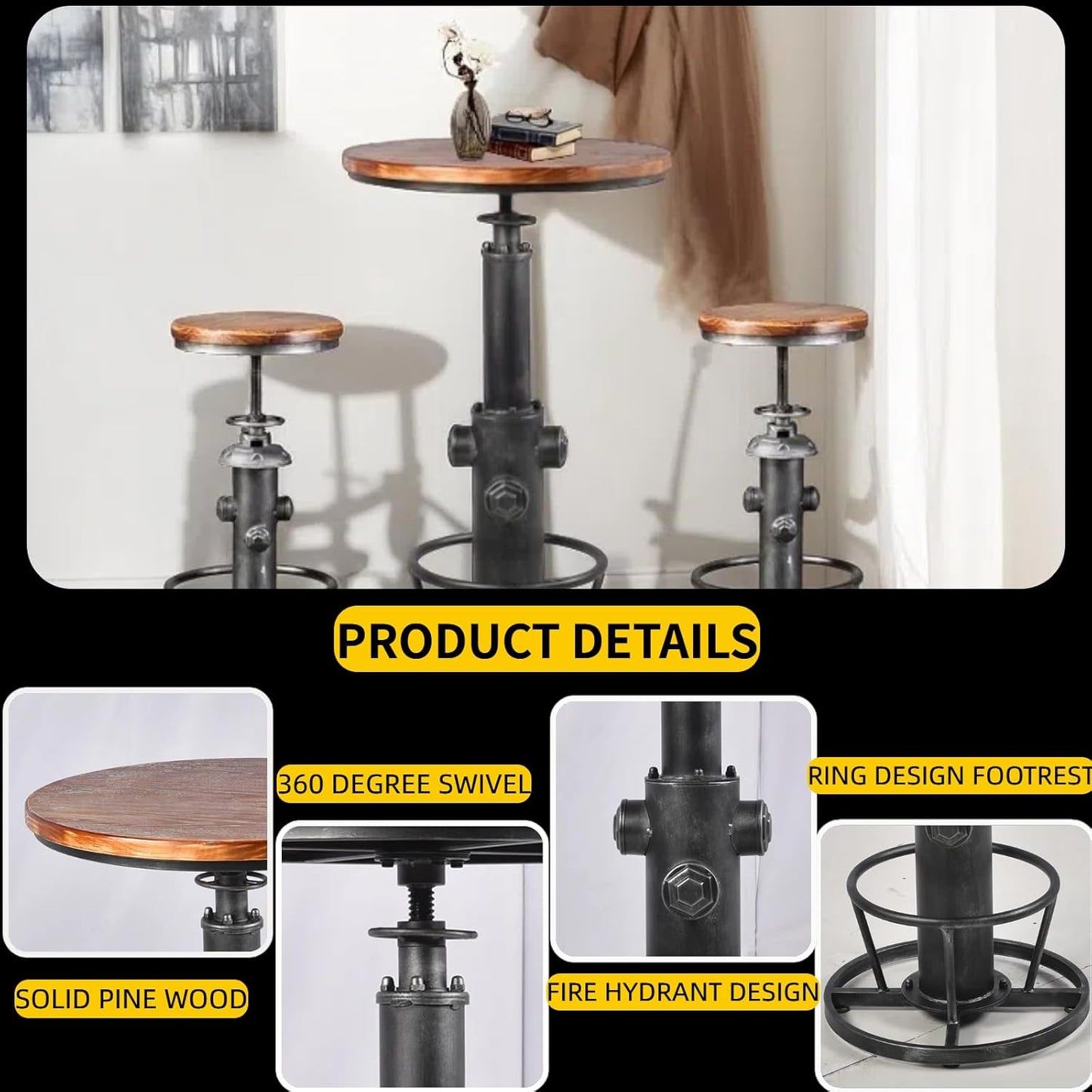 Industrial Bistro Bar Table 38.6-44.4inch Height Adjustable Farmhouse Pub Table for Kitchen Dinning Room Office Swivel Wooden Top