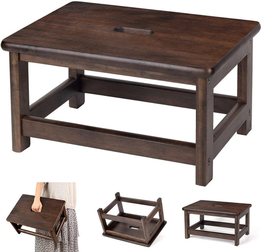 Wooden Step Stool (16.5" Dx12 Wx9 H) Bed Steps for High Beds for Adults - Natural Solid Wood One Step Stool, Heavy Duty- Holds up to 600Lbs- Perfect Safety (9in Height-Walnut)