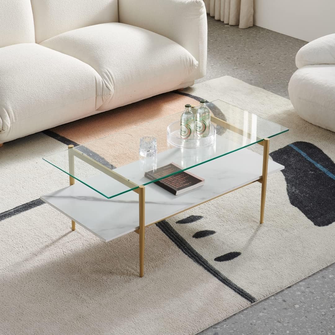 AGV LIGHTING Tadio Glass Coffee Table, Mid-Century Modern Coffee Table for Living Room, Gold Finish Leg, Clear Glass Top & Faux Marble Shelf, 41 in