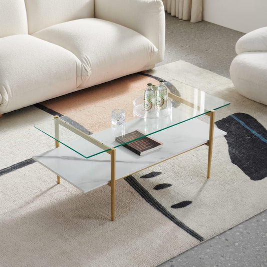 AGV LIGHTING Tadio Glass Coffee Table, Mid-Century Modern Coffee Table for Living Room, Gold Finish Leg, Clear Glass Top & Faux Marble Shelf, 41 in