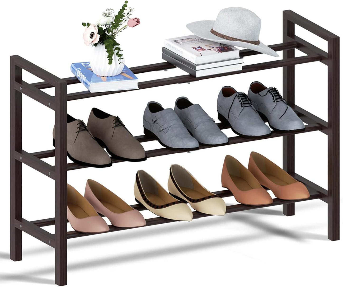 Haddockway Bamboo Shoe Rack for Closet, Free Standing Shoe Organizer with Smooth Round Rods & Convenient Handles, Stackable Shoe Storage Shelf for Entryway, Hallway(Brown, 3-Tier)