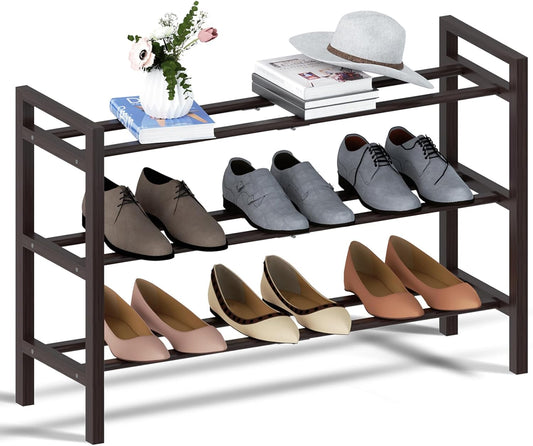 Haddockway Bamboo Shoe Rack for Closet, Free Standing Shoe Organizer with Smooth Round Rods & Convenient Handles, Stackable Shoe Storage Shelf for Entryway, Hallway(Brown, 3-Tier)