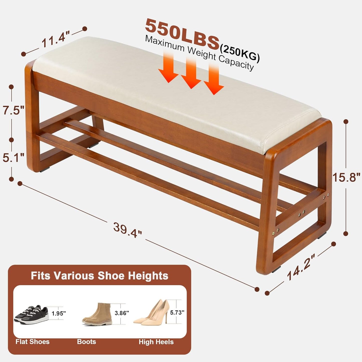 Shoe Bench Storage Rubberwood with Leather Cushion 39.4", Waterproof Easy to Clean 550LBS Organizer Shoe Rack for Entryway, Hallway, Mudroom, Front Door