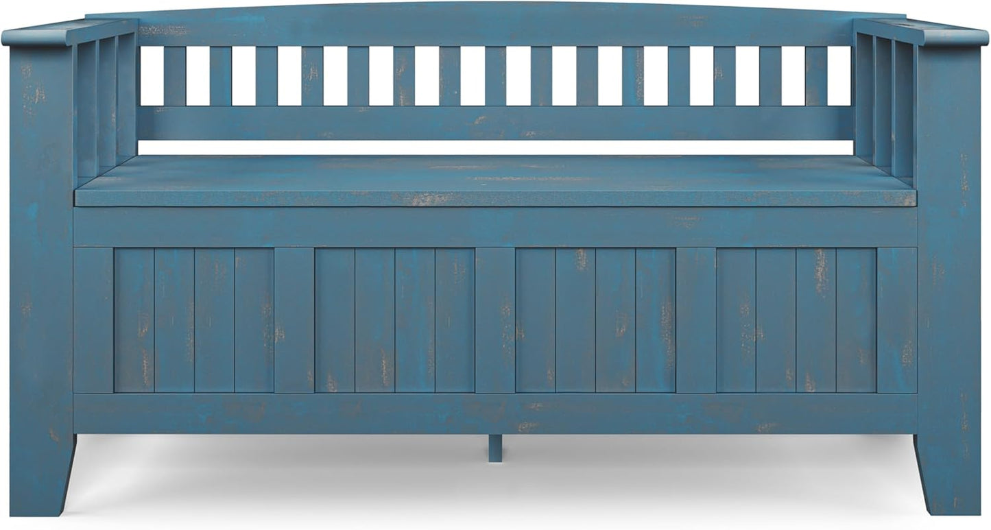 SIMPLIHOME Acadian Entryway Storage Bench - 48 inch Wide Solid Wood Hallway Seat in Distressed Coastal Blue, Transitional Bench for Entryway or Living Room with Lift-Up Lid and Spacious Storage