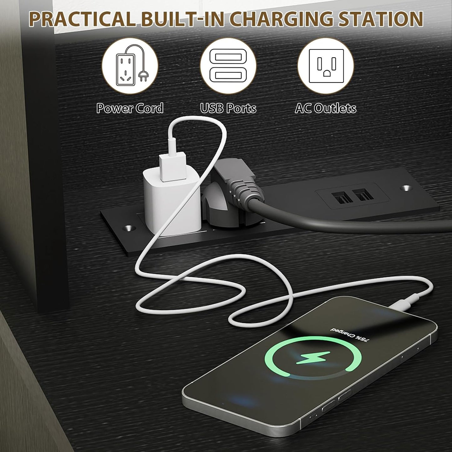 47" Farmhouse Buffet Sideboard Cabinet with Power Outlets Coffee Bar Cabinet with Storage, Large Buffet Storage Cabinet Table with Wine Racks, Goblet Holder, Hooks for Kitchen, Dining Room, Black