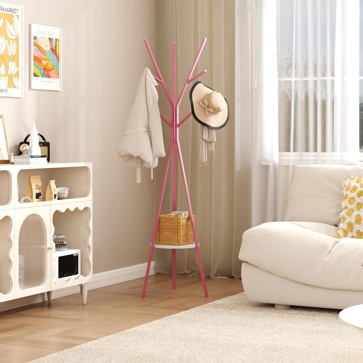 Coat Rack Hat Stand Free Standing Display Hall Tree Metal Hat Hanger Garment Storage Holder with 9 Hooks for Clothes Hats and Scarves (Pink)