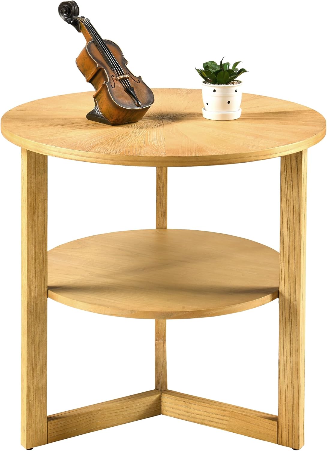 MODERION Large Round End Table, Rustic Beside Table with Umbrella Shaped Top, Traditional Circular Sofa Side Table with Shelf, 25.2”D Nightstand, Telephone Table for Living Room Natural CJZ3338OA