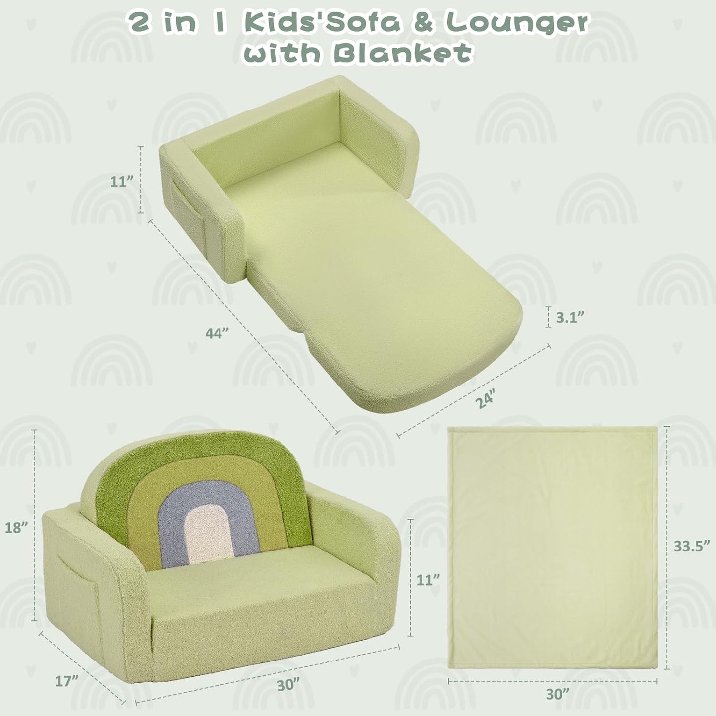 Extra Wide Kids Couch, 2-in-1 Soft Toddler Couch with Blanket, Comfy Toddler Chair, Convertible Sofa to Lounger with Cute Colorful Rainbow Design, Green